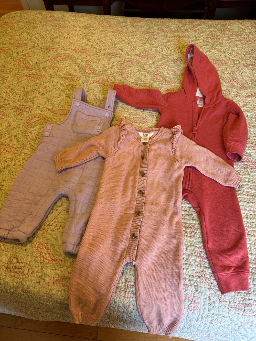 3 cozy rompers: Cotton On Pink Knit organic, overalls, & zip onesie w/hood